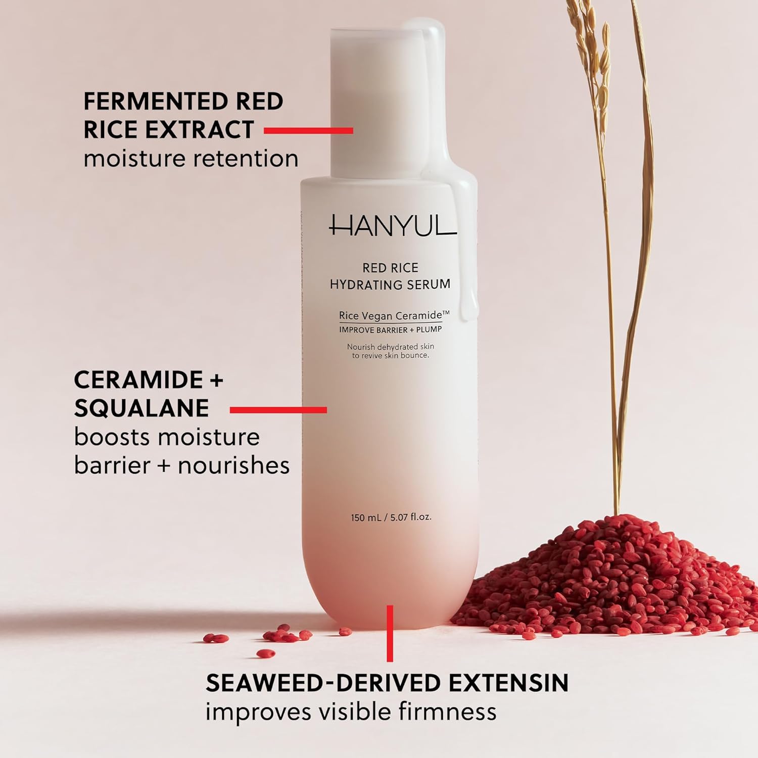 HANYUL Red Rice Hydrating Serum with Vegan Ceramide & Squalane | Korean Face Serum for Plumping Hydration, Radiant Skin Glow, Slow Aging, Firming & Barrier Support | For All Skin Types